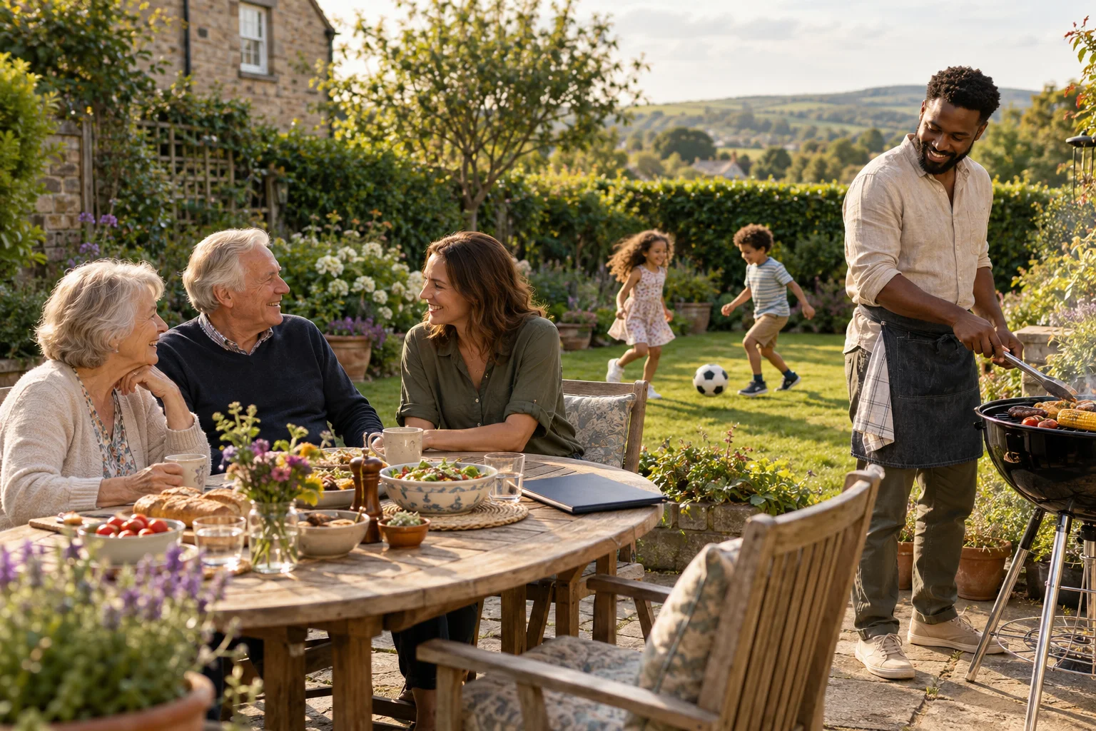 Three generations enjoying a garden barbecue, with grandparents chatting while children play on the lawn